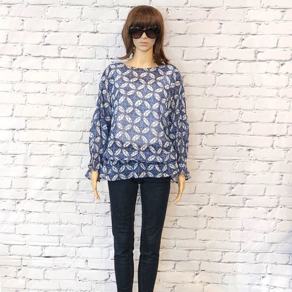 NWOT eShakti blue and white print sheer top - Picture 4 of 15